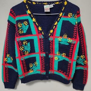 Vintage Radishes & Roses blue floral windowpane cardigan size medium (10-12)
